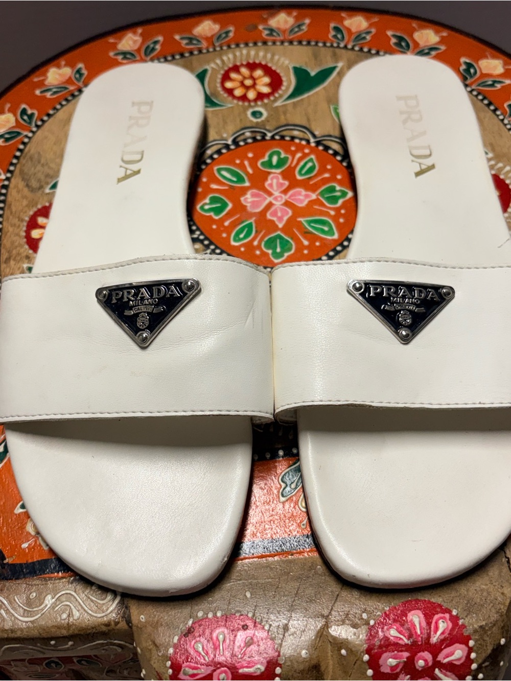 White Leather Logo Slide Sandals